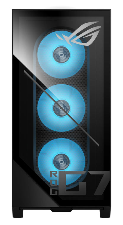 ROG gaming PC case with three blue LED cooling fans visible through tinted tempered glass