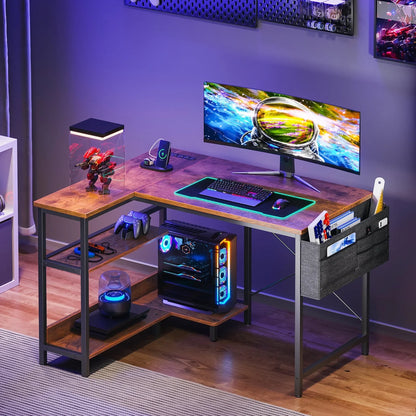 L Shaped Desk, 48 Inch Computer Desk with Reversible Storage Shelves Home Office Corner Desk Study Writing Table, Vintage