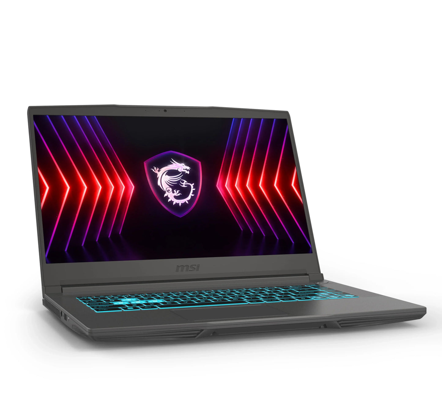 Gaming laptop with RGB backlit keyboard, vibrant display featuring neon arrows and dragon logo