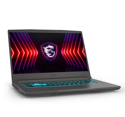 Gaming laptop with RGB backlit keyboard, vibrant display featuring neon arrows and dragon logo