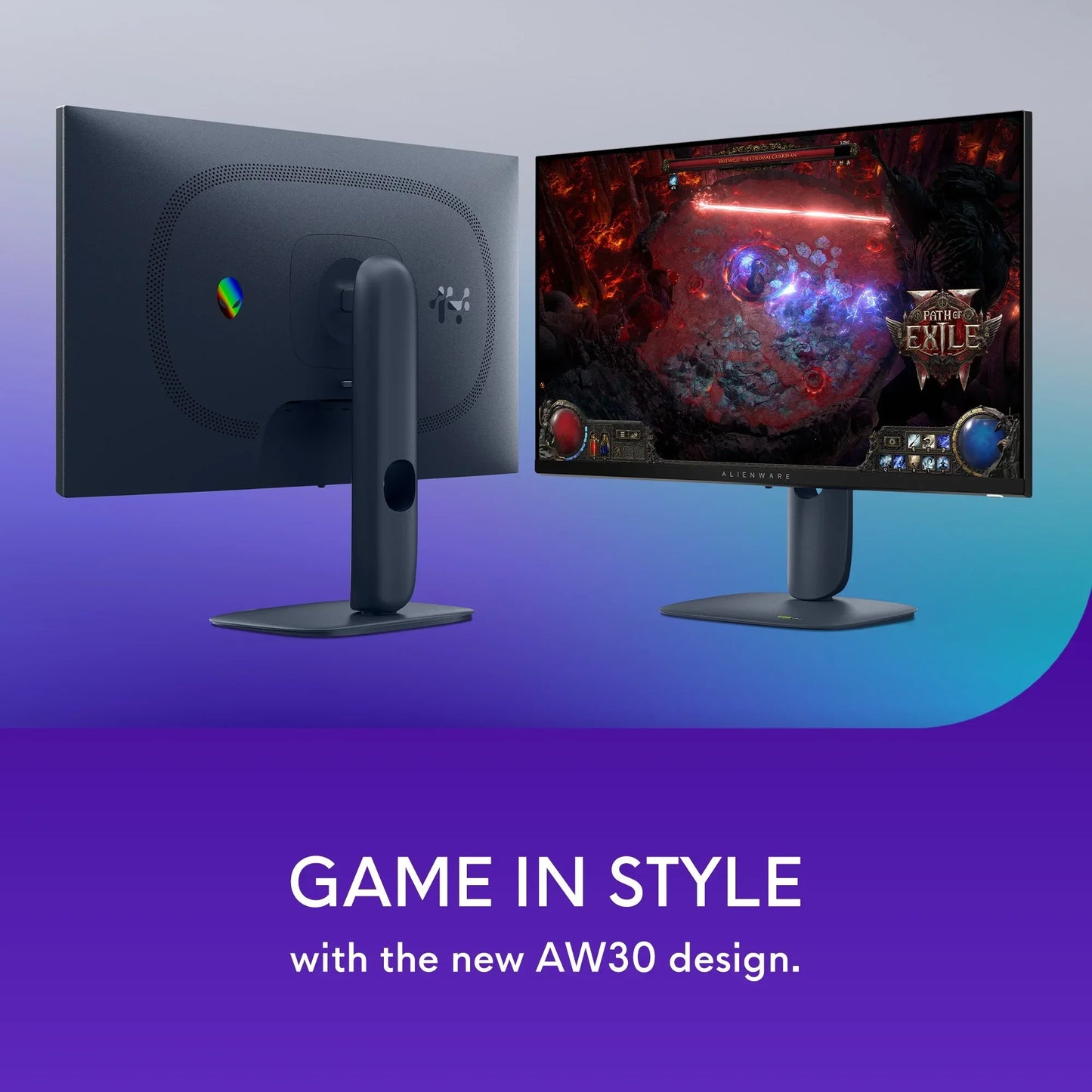 Front and back views of Alienware AW30 gaming monitor with Path of Exile game on screen