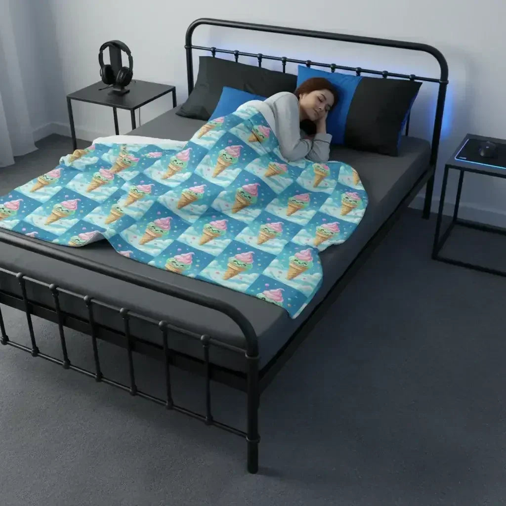 Person sleeping on black metal bed with ice cream cone patterned blue blanket in minimalist bedroom