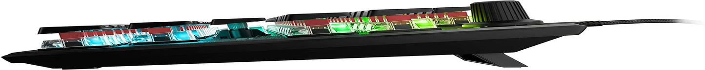 Side view of RGB mechanical gaming keyboard with raised keycaps and control knob