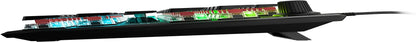 Side view of RGB mechanical gaming keyboard with raised keycaps and control knob
