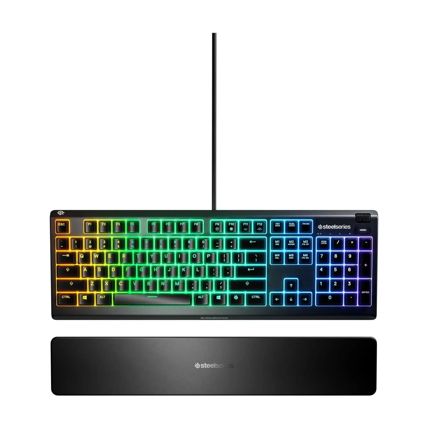 SteelSeries RGB mechanical gaming keyboard with wrist rest, pixel-style lighting on white background