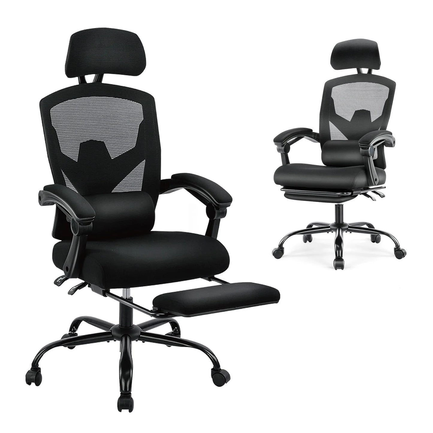 Black ergonomic gaming chair with mesh back, headrest, lumbar support, and footrest for comfort