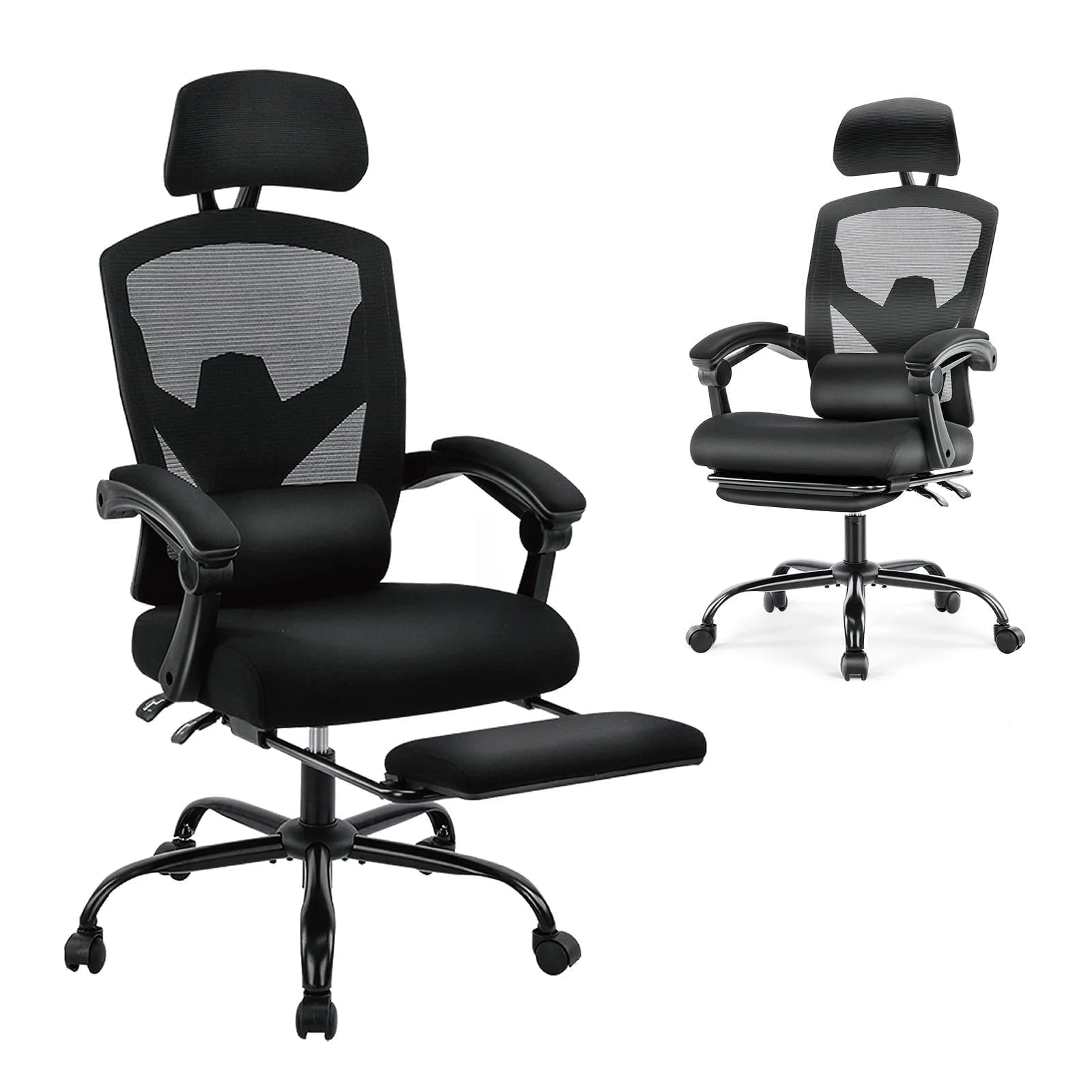 Black ergonomic gaming chair with mesh back, headrest, lumbar support, and footrest for comfort