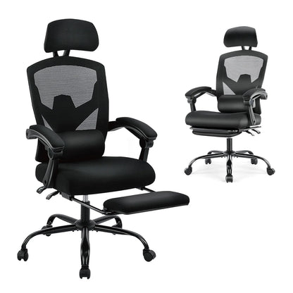 Black ergonomic gaming chair with mesh back, headrest, lumbar support, and footrest for comfort