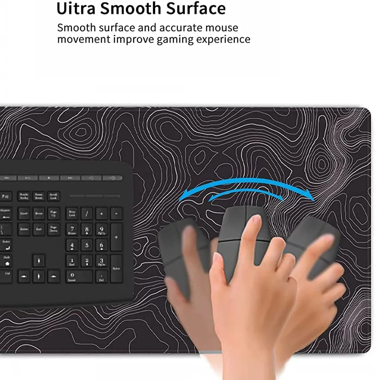 Gaming mouse on ultra smooth surface mousepad with topographic pattern next to black keyboard