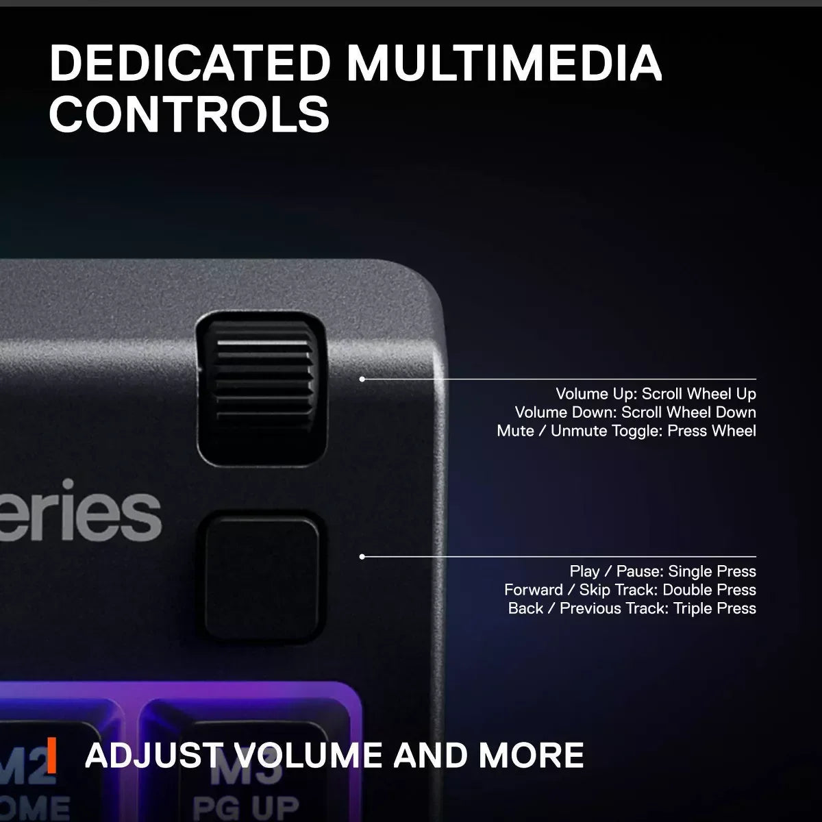 Close-up of multimedia controls with scroll wheel and button on gaming keyboard for volume and playback