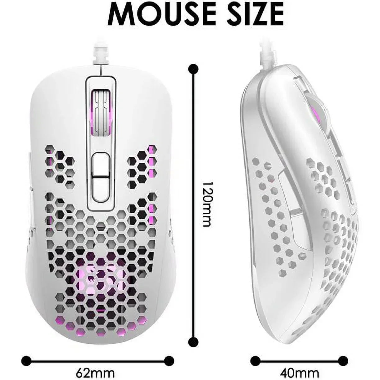 White gaming mouse with honeycomb shell, RGB lighting, and 120mm x 62mm x 40mm dimensions