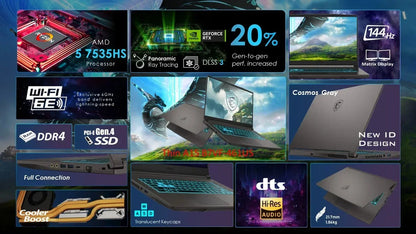 Gaming laptop with AMD Ryzen 5 7535HS, NVIDIA RTX, 144Hz, DDR4 RAM, Wi-Fi 6E, hi-res audio.