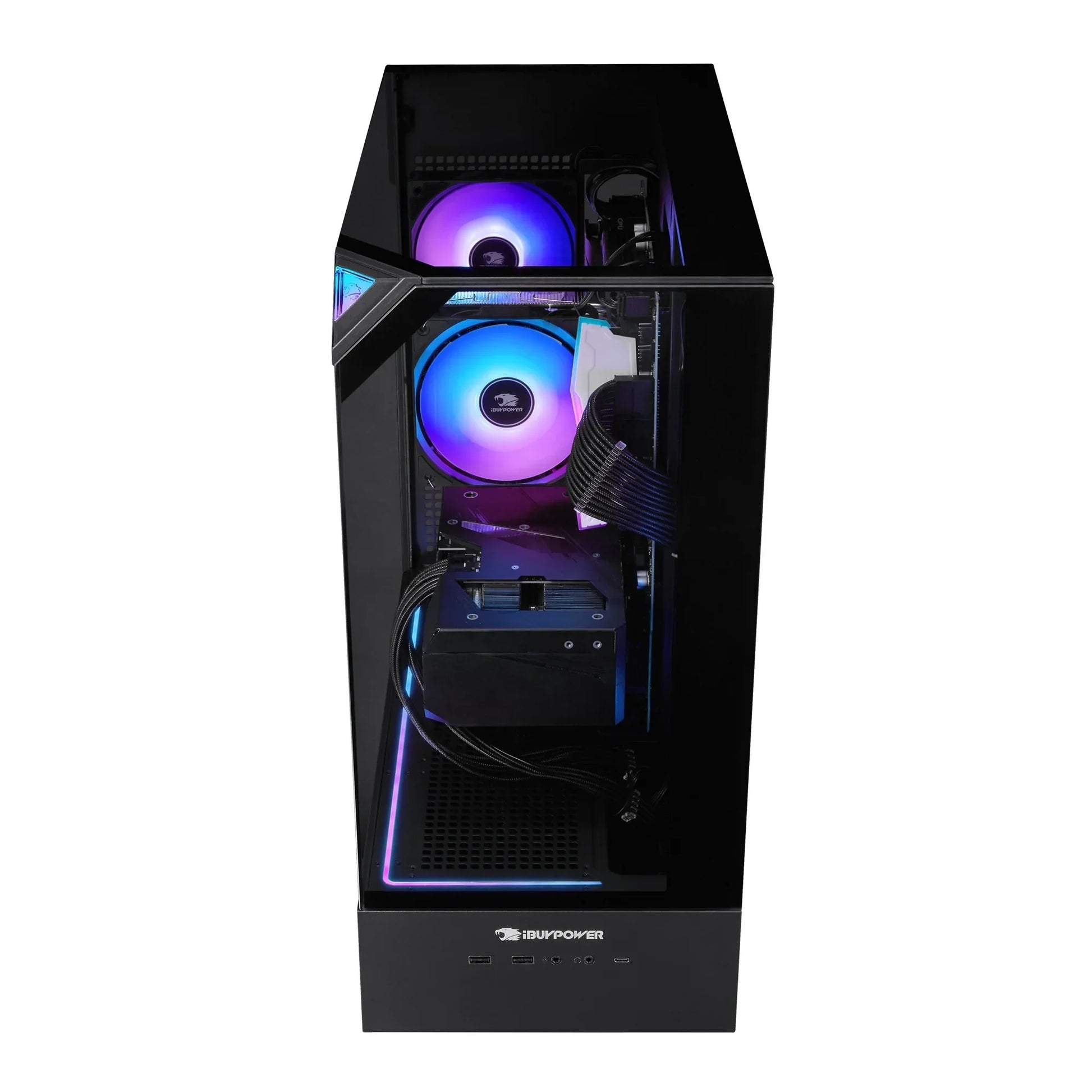 iBUYPOWER gaming PC with RGB-lit cooling fans inside sleek black case