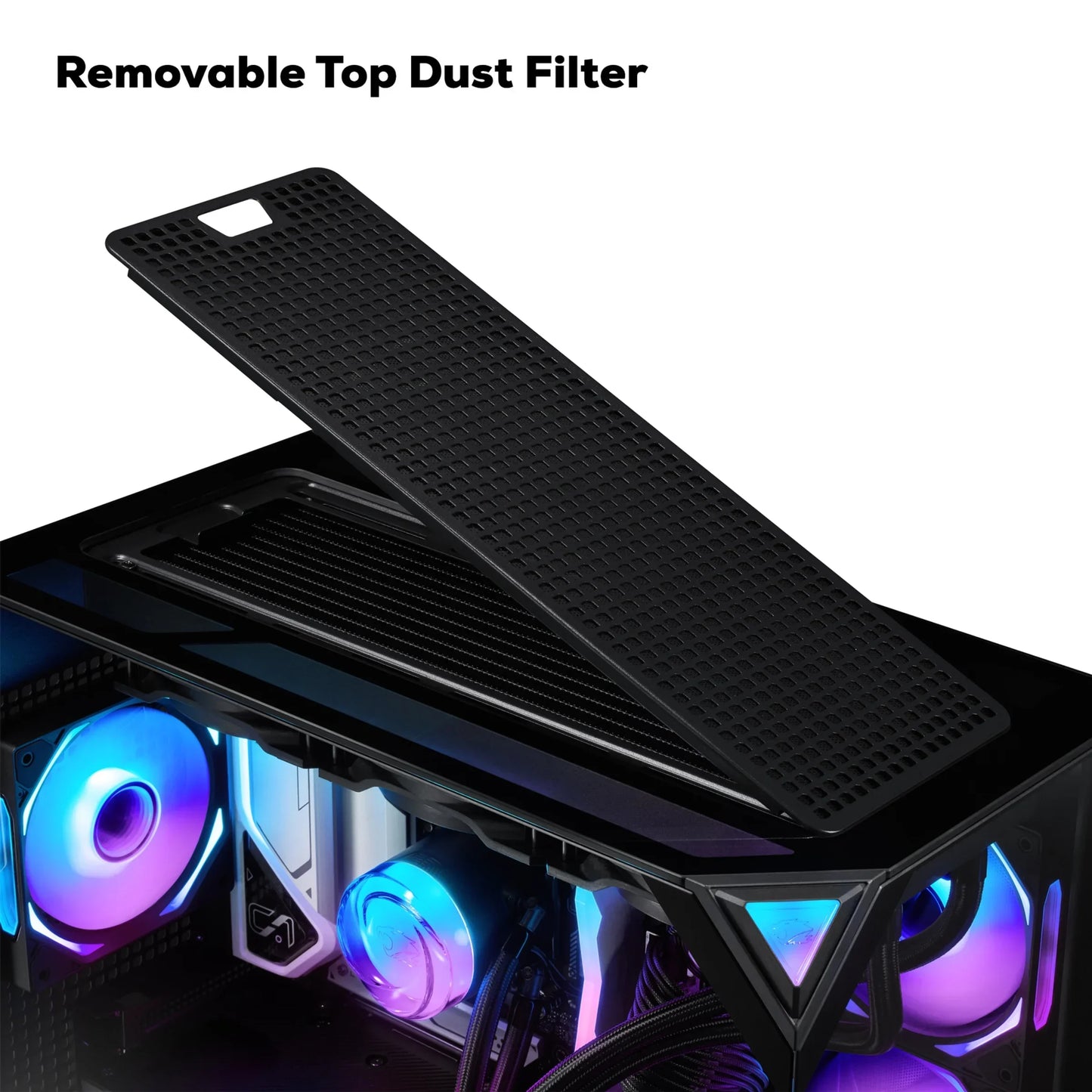 Gaming PC case with removable top dust filter and RGB cooling fans inside