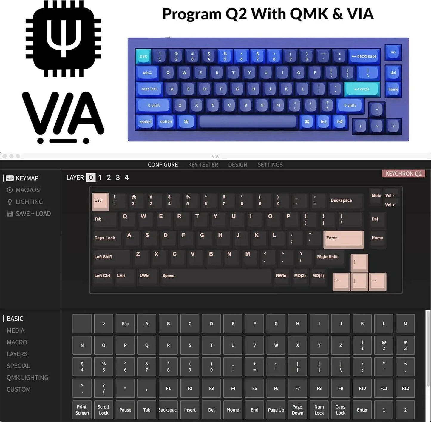 Keychron Q2 blue mechanical keyboard with QMK and VIA programming interface, Byte Style gaming gear