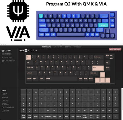 Keychron Q2 blue mechanical keyboard with QMK and VIA programming interface, Byte Style gaming gear