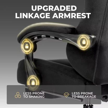 Upgraded linkage armrest on black gaming chair, less prone to shaking and breakage