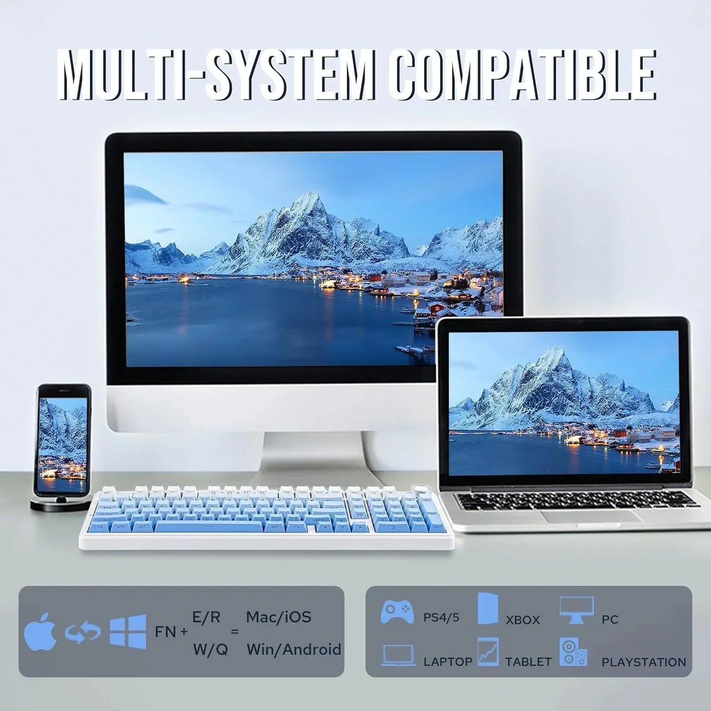 Multi-system compatible white and blue gaming keyboard with PC, laptop, and phone, Byte Style