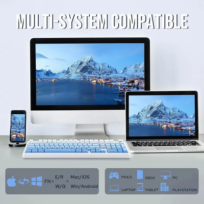 Multi-system compatible white and blue gaming keyboard with PC, laptop, and phone, Byte Style