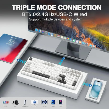 Retro-style RGB gaming keyboard with triple mode connection for PC, Mac, tablet, and phone