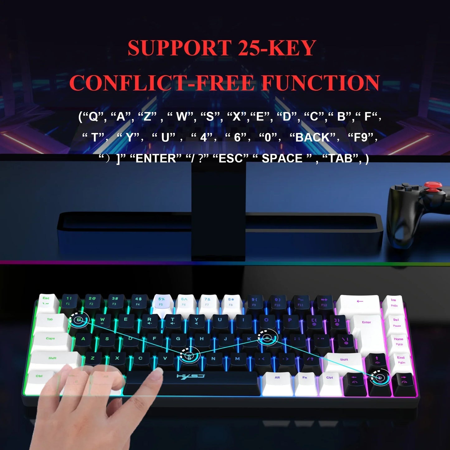 RGB mechanical gaming keyboard with 25-key conflict-free function and hand pressing keys