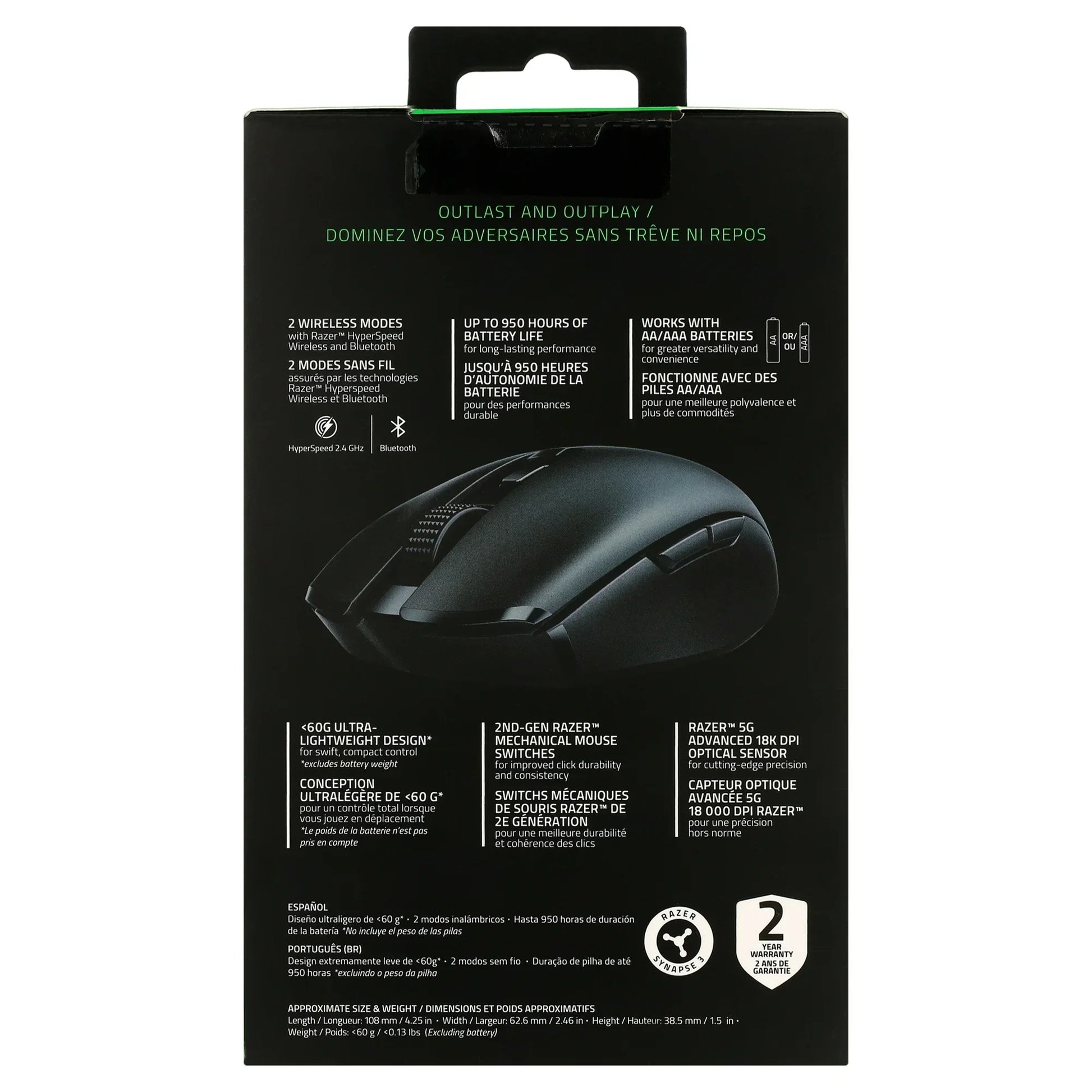 Back of Razer wireless gaming mouse packaging showing features like 950-hour battery, dual wireless modes, ultra-lightweight design, and 18K DPI sensor