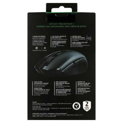 Back of Razer wireless gaming mouse packaging showing features like 950-hour battery, dual wireless modes, ultra-lightweight design, and 18K DPI sensor