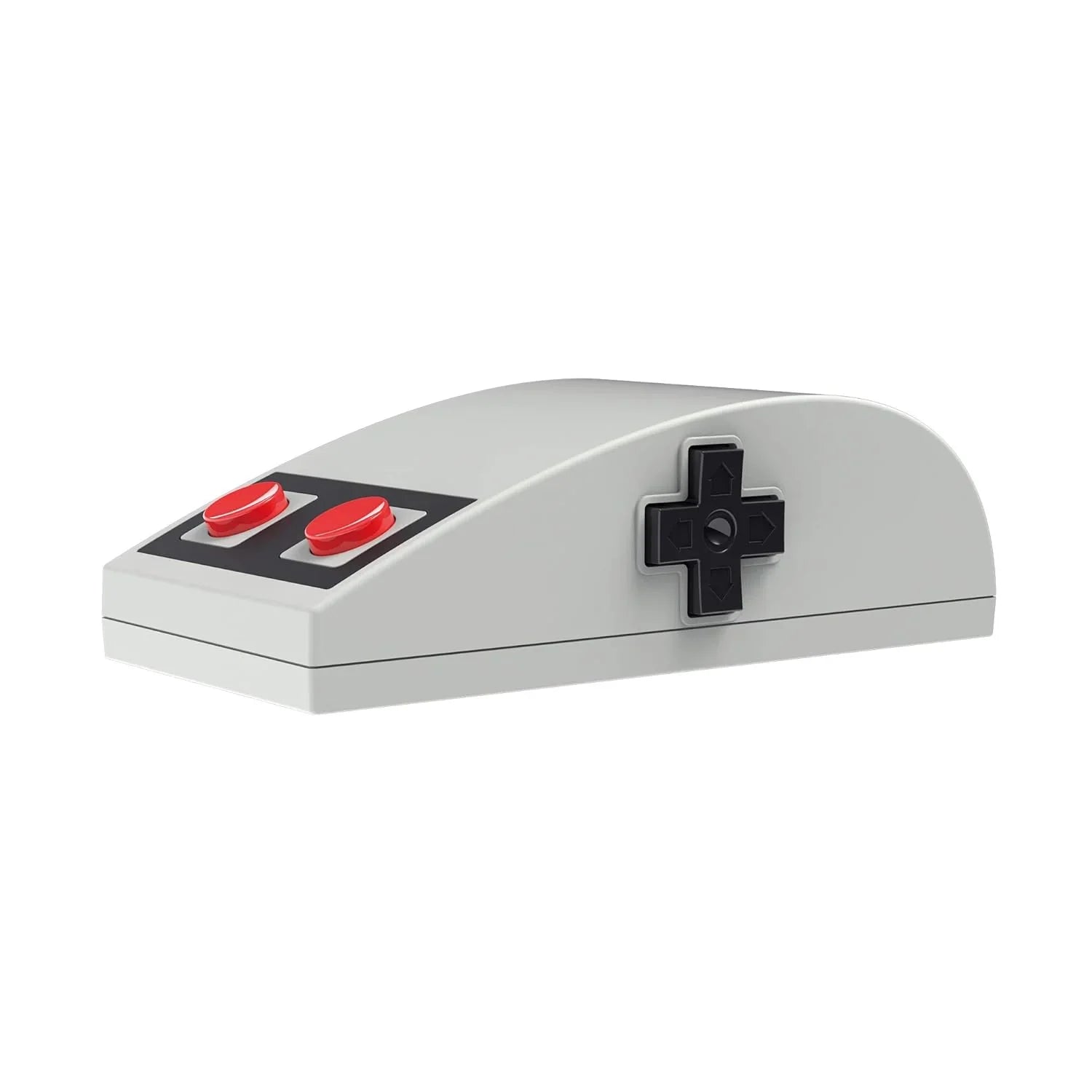 Retro 8-bit style gaming mouse with D-pad and red buttons, inspired by classic game controllers.