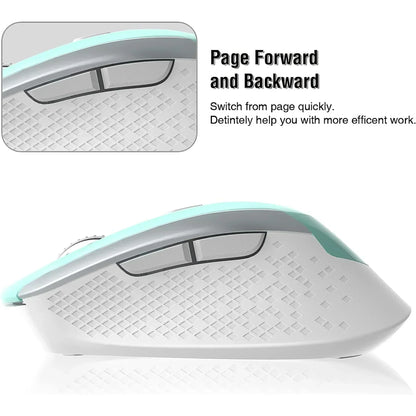 Side view of ergonomic gaming mouse with page forward and backward buttons, white and teal design