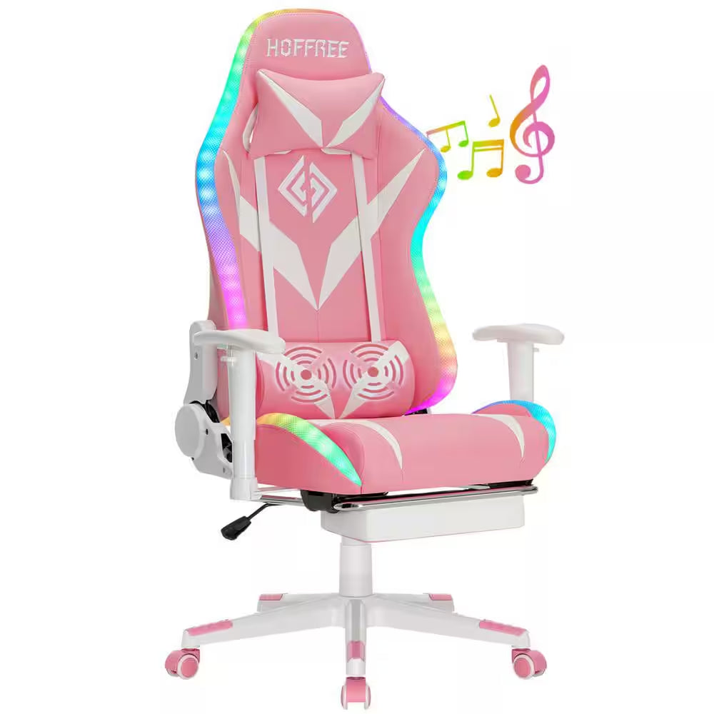 Pink gaming chair with RGB LED lights, white accents, and built-in speakers for immersive audio