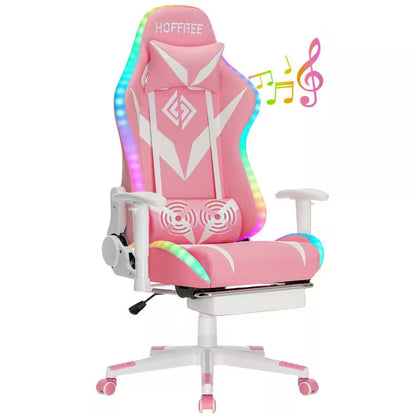 Pink gaming chair with RGB LED lights, white accents, and built-in speakers for immersive audio