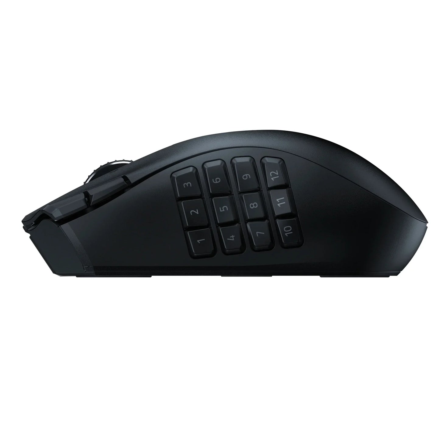 Black gaming mouse side view with 12 numbered programmable buttons and scroll wheel
