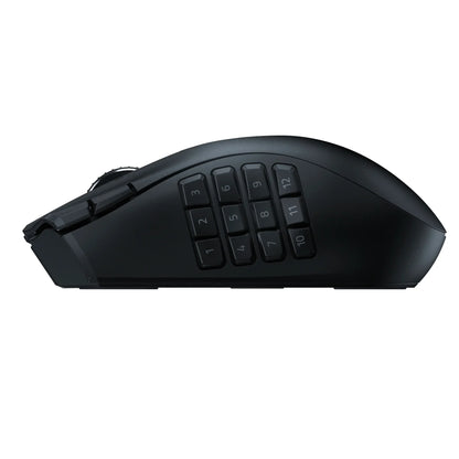 Black gaming mouse side view with 12 numbered programmable buttons and scroll wheel