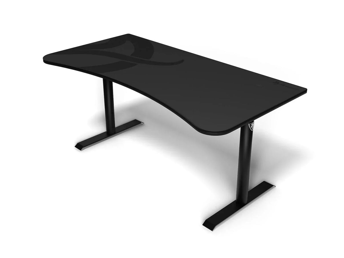 Black curved gaming desk with sturdy metal legs and subtle design on surface
