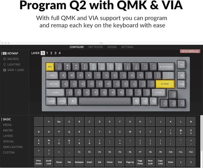 Keychron Q2 customizable mechanical keyboard on VIA software interface for programming and remapping keys.