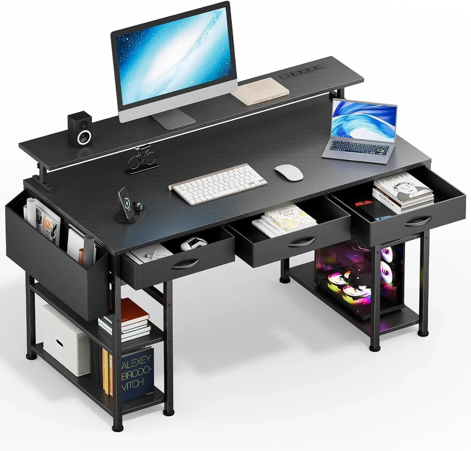 55" Gaming Desk with Adjustable Storage Rack & LED Lights, Power Outlets for Adult and Teen
