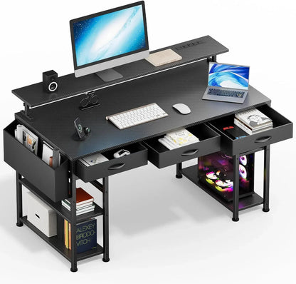 55" Gaming Desk with Adjustable Storage Rack & LED Lights, Power Outlets for Adult and Teen