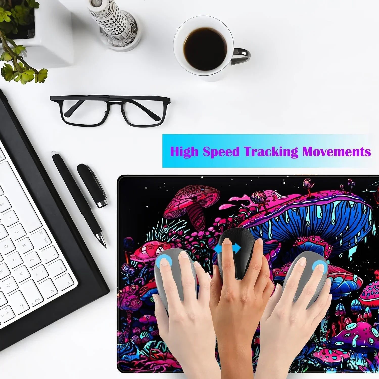 Hands demonstrating high speed tracking on colorful mushroom gaming mouse pad with keyboard, glasses, pen, coffee