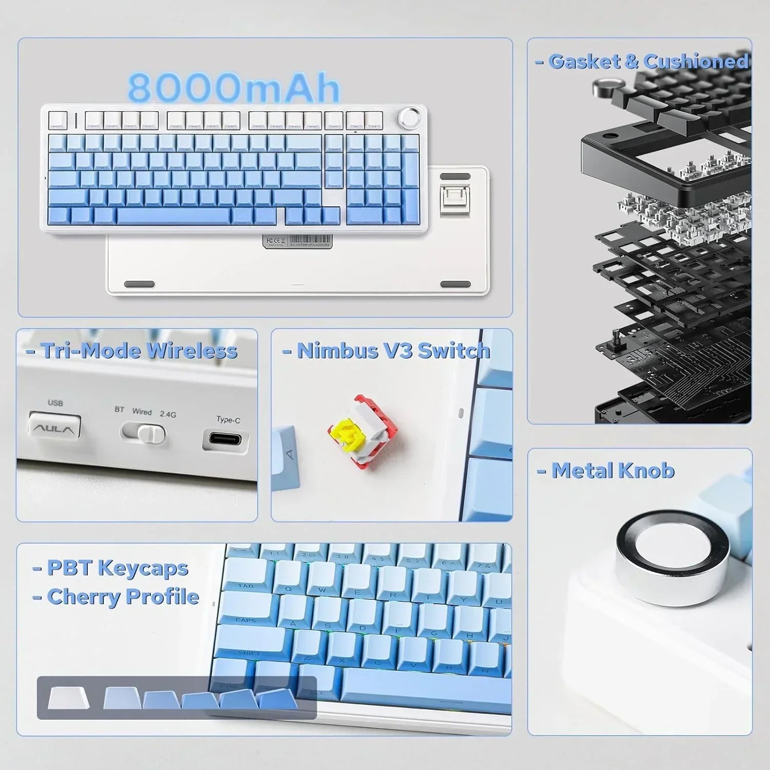 Byte Style retro 8-bit style white and blue wireless mechanical keyboard with RGB, metal knob, Nimbus V3 switch, PBT Cherry profile keycaps, and 8000mAh battery.
