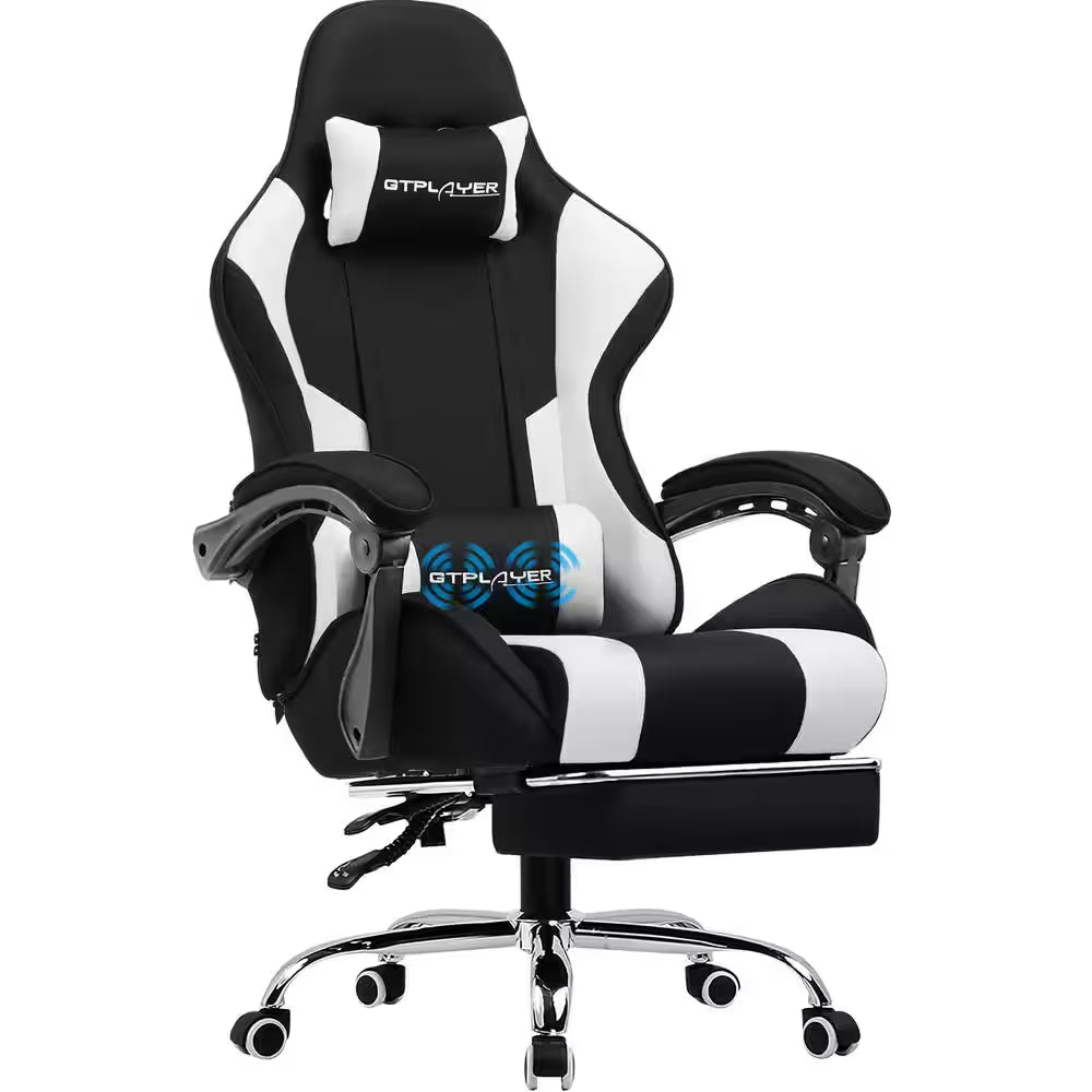 Black and white GTPLAYER gaming chair with lumbar support, headrest, and chrome base for ergonomic comfort.