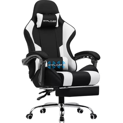 Black and white GTPLAYER gaming chair with lumbar support, headrest, and chrome base for ergonomic comfort.