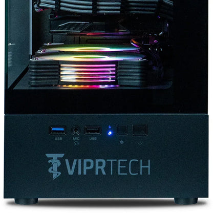 RGB gaming PC with illuminated cooling fans and front USB ports, VIPRTECH logo visible.