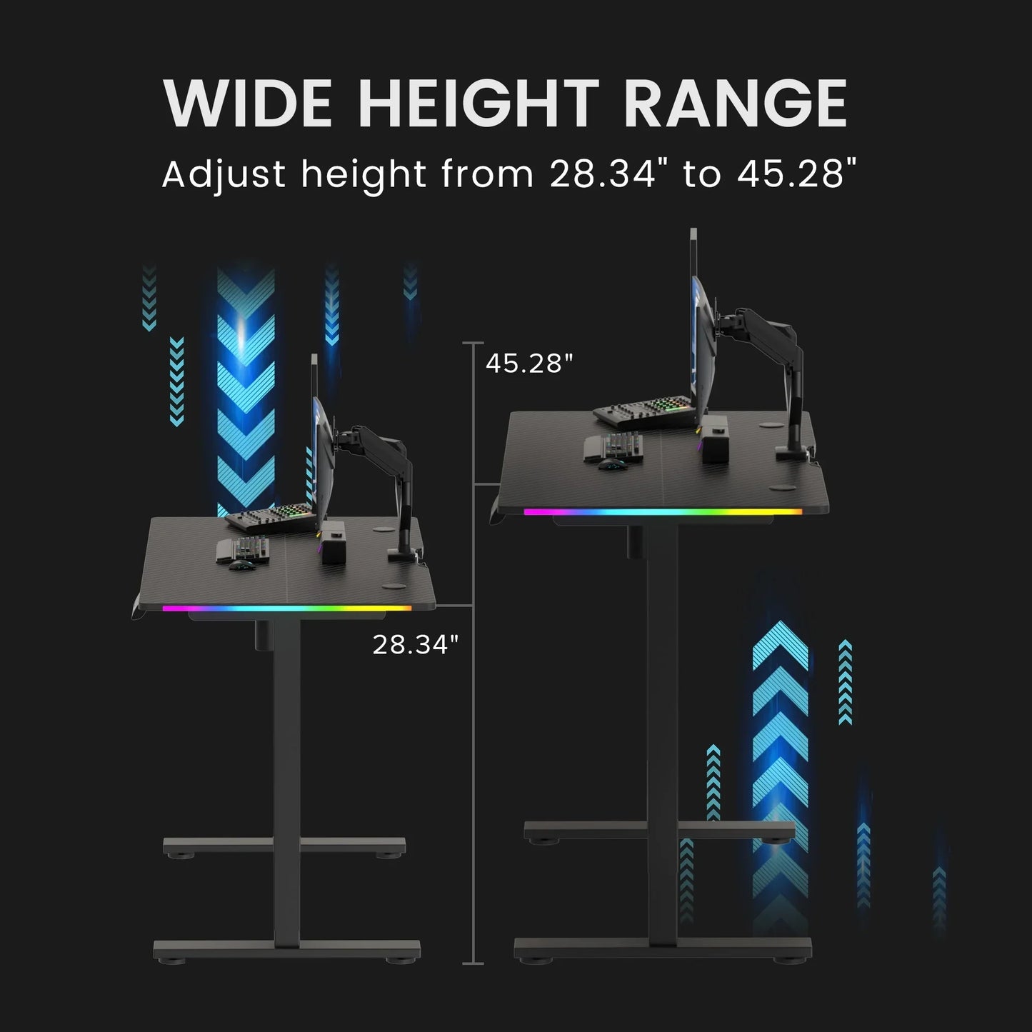 Adjustable black gaming desk with RGB lighting and monitor arm, height range 28.34 to 45.28 inches