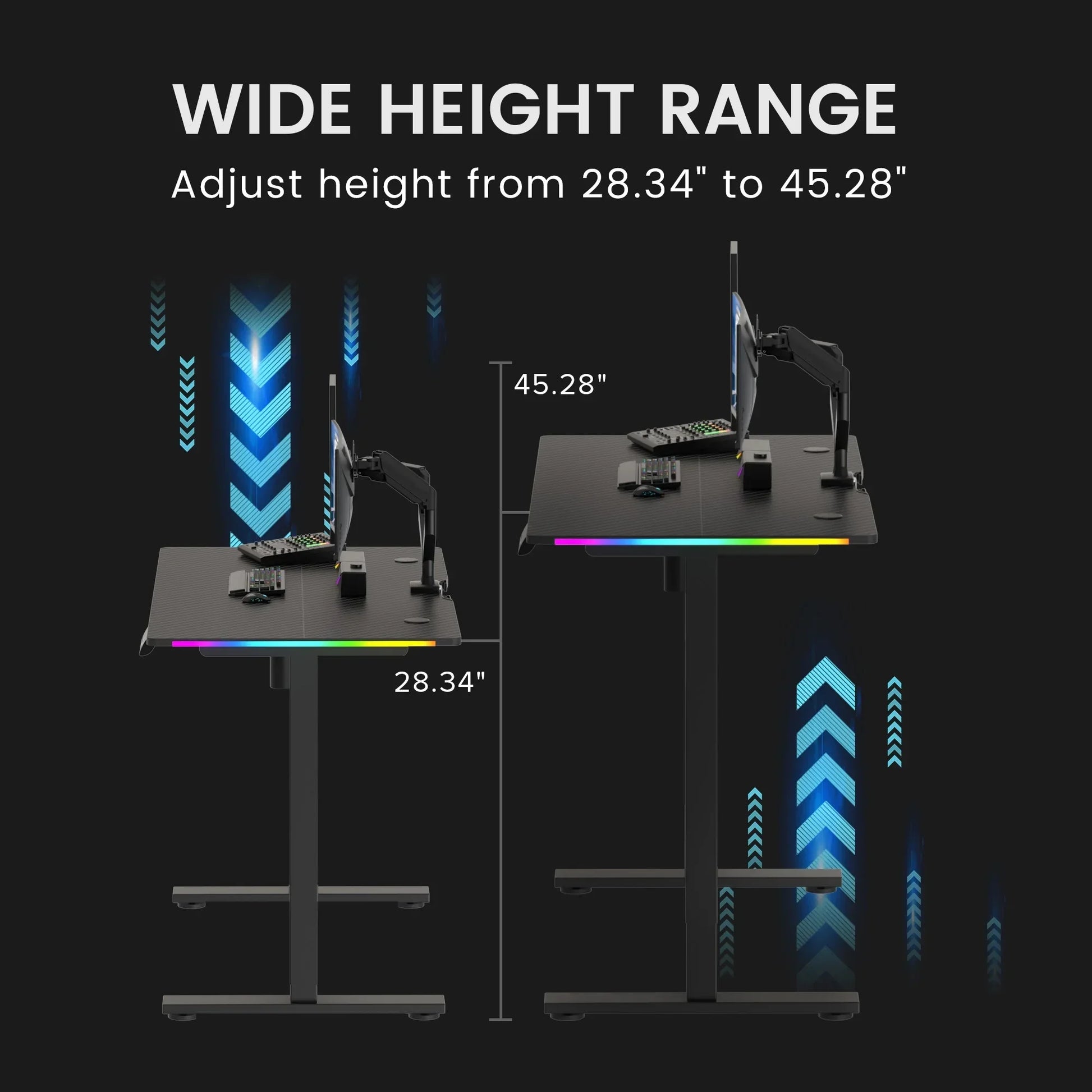 Adjustable black gaming desk with RGB lighting and monitor arm, height range 28.34 to 45.28 inches