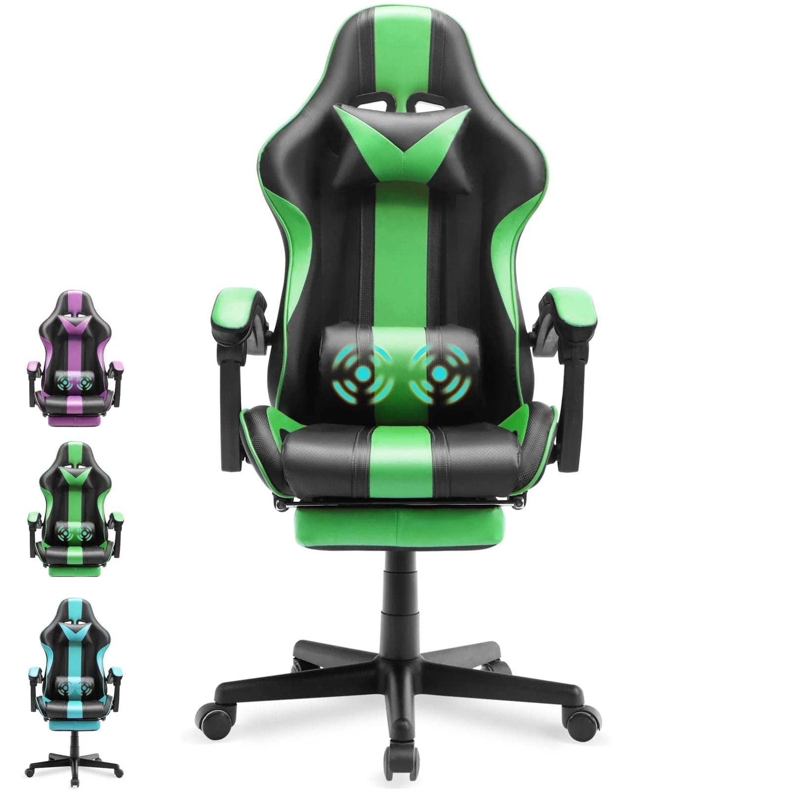 Green and black gaming chair with lumbar support, adjustable arms, and RGB lighting, shown in multiple color options.