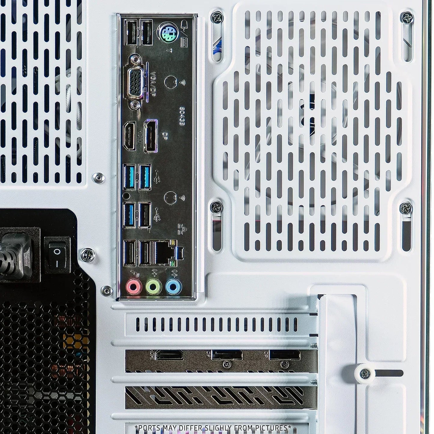 Close-up of a white gaming PC rear panel with USB, HDMI, and audio ports.