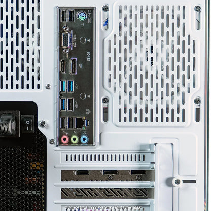 Close-up of a white gaming PC rear panel with USB, HDMI, and audio ports.