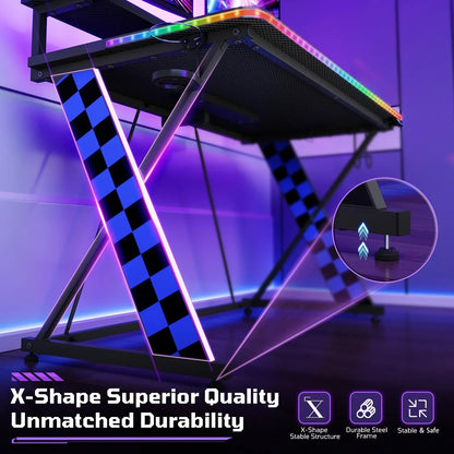 43" Music Sync LED Gaming Desk,X-Shape Ergonomic Monitor Stand Gamer Table,Pc Desk with Dynamic Lighting,Color Changing Office Desks,Blue Racing