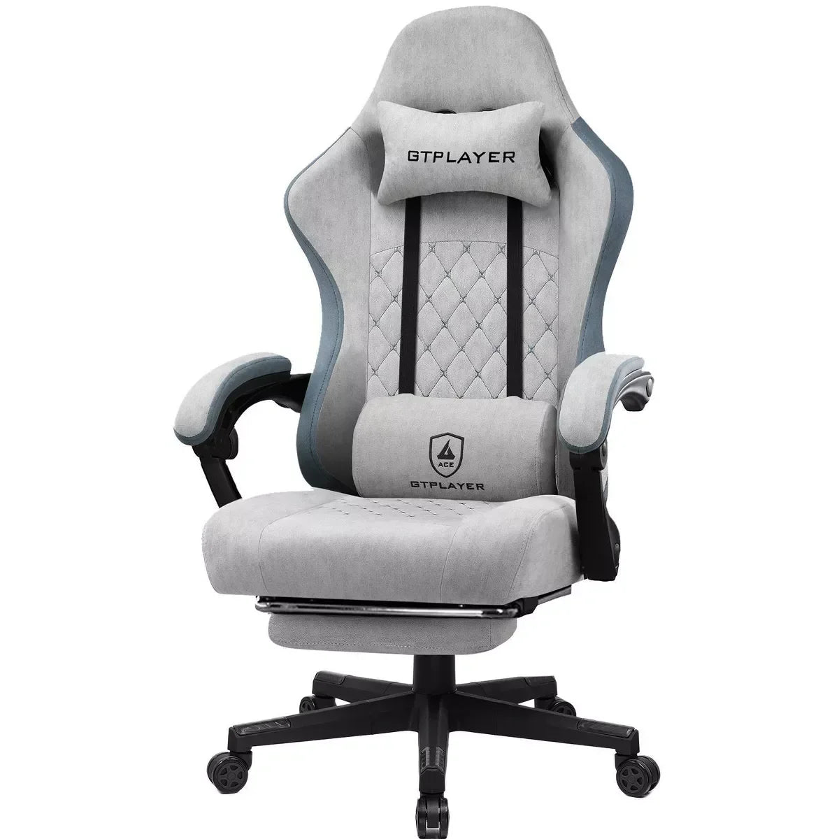 Gray GTPLAYER ACE gaming chair with adjustable armrests, lumbar and neck pillows, and swivel wheels