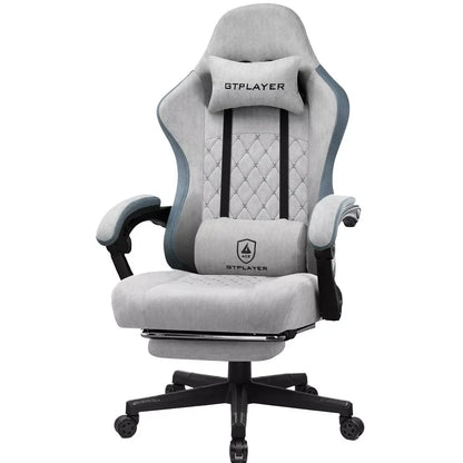 Gray GTPLAYER ACE gaming chair with adjustable armrests, lumbar and neck pillows, and swivel wheels